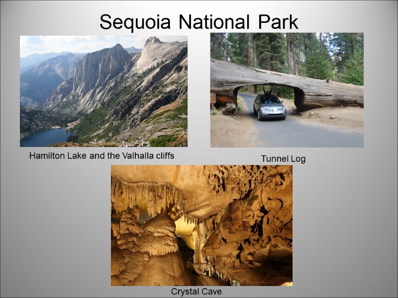Sequoia National Park Crystal Cave  Hamilton Lake and the Valhalla cliffs Tunnel Log